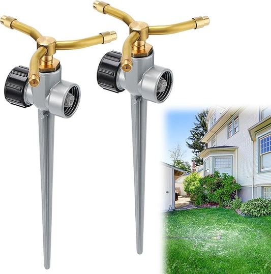 2 Pack Aluminum Alloy Lawn Sprinkler with 3 Arms Brass Nozzle, Long-Distance Spray for Small Medium Yard Garden