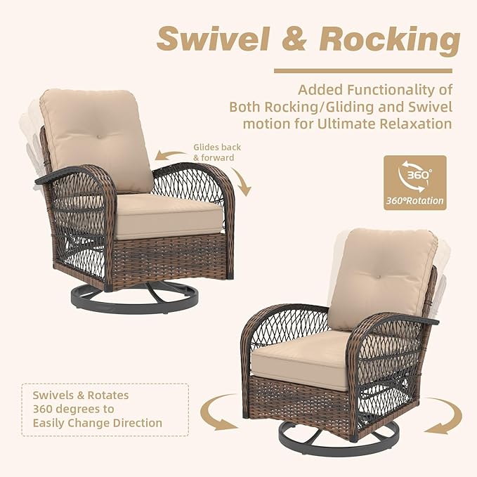 MELLCOM 3 Pieces Patio Furniture Set, Outdoor Swivel Rocker Patio Chairs, Wicker Patio Bistro Set with Rocking Chair, Thickened Cushions and Glass Coffee Table for Backyard, Garden, Khaki