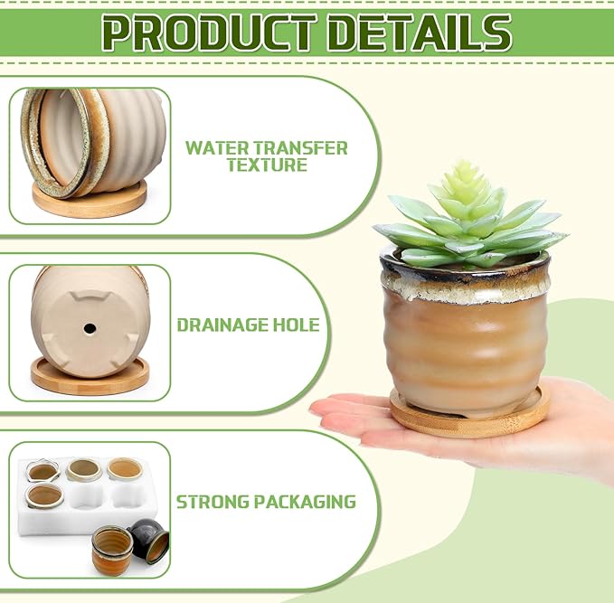 Remerry 12 Pcs Small Succulent Pots Bulk with Drainage Assorted 3.5 Inch Mini Ceramic Succulent Planters Pot with Coaster Bamboo Plant Tray Planting Pots for Home Office Garden