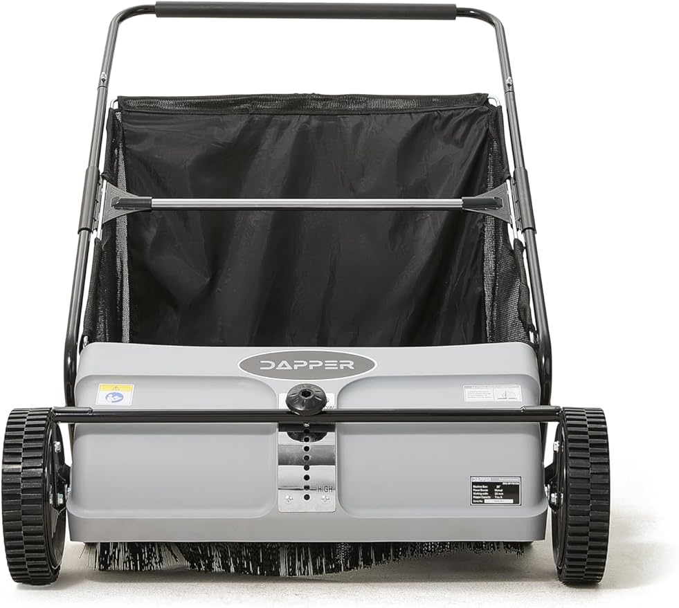 Dapper Supply 26-Inch Push Lawn Sweeper, Grass, Lawn and Leaf Cleanup Collector with Large 7 cu. ft. Hopper Bag, and Dual Spinning Brushes, Grey