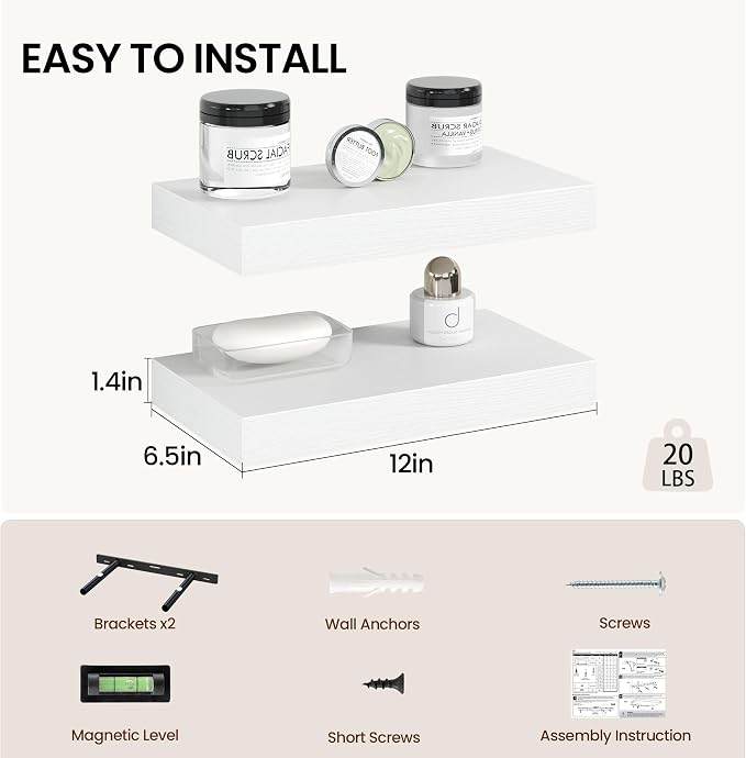 Vivelove 12 Inch Floating Shelves Wall Mounted for Display, 6.5 Deep Duty Shelves with Invisible Brackets for Living Room,Bedroom,Kitchen, Bathroom Storage & Decor,12" Wx6.5 Dx1.4 H - White