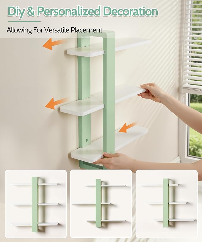 SUMGAR Floating Shelves for Wall Green, 3 Tier Adjustable Large Shelf Unit | 20 Inch All Pine Wood, Decorative Shleving, Plants Photos Display, for Living Room, Bedroom, Office, Bathroom