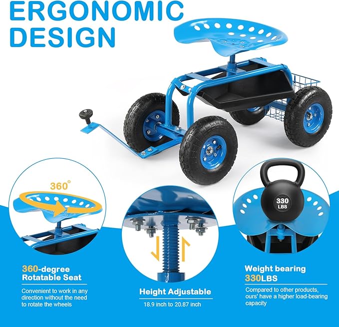 Outvita Garden Cart Gardening Workseat w/Wheels, Rolling Work Seat with Adjustable 360 Degree Swivel Seat, Basket and Tool Tray, Patio Wagon Scooter for Lawn Yard Outdoor Planting（Blue）