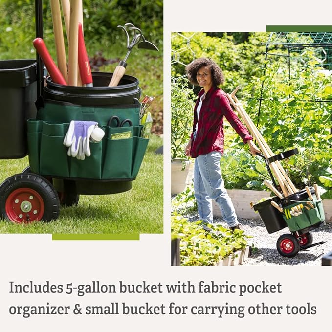 Gardener's Supply Company Heavy Duty Mobile Tool Storage Caddy | All in One Easy-Roll Garden Utility Cart Carrier | Includes 5-Gallon Bucket & Fabric Organizer with Multiple Pockets