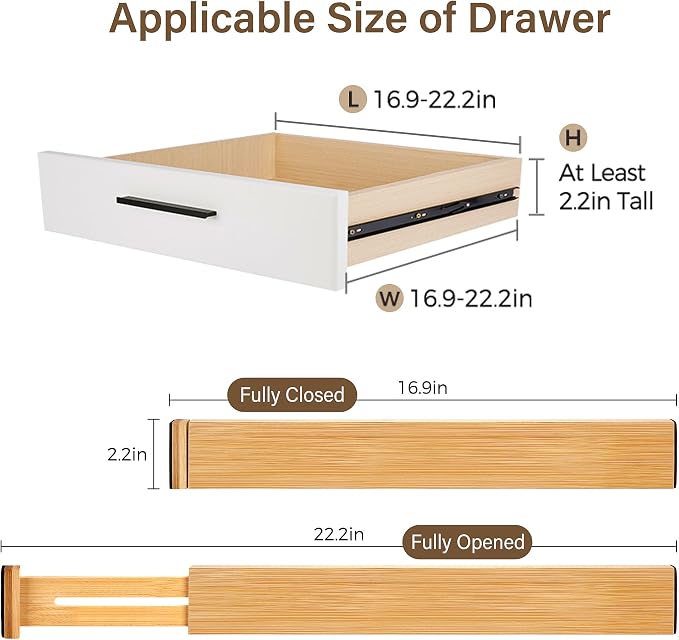 Adjustable Bamboo Drawer Dividers of 4, Expandable Organizers (16.9"-22.2")