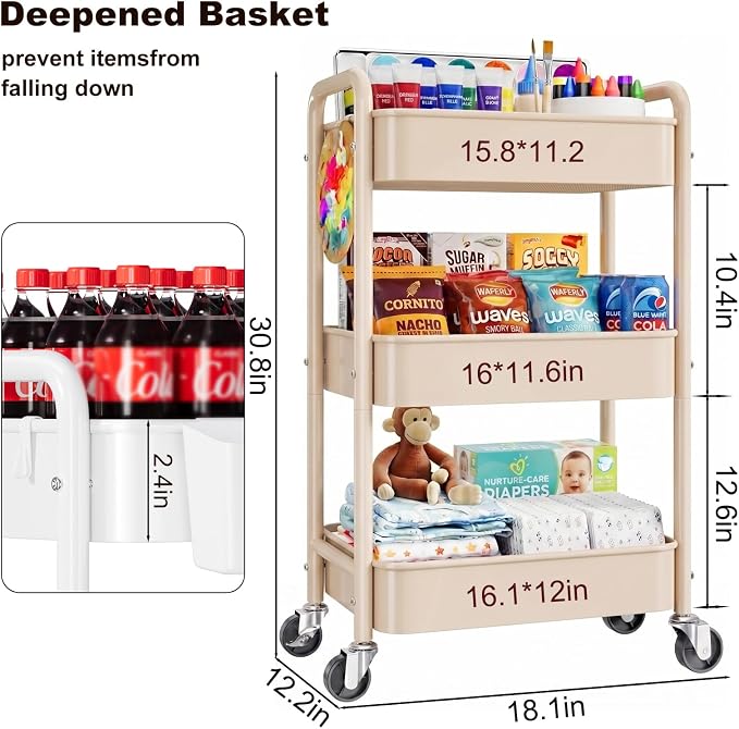 Beige 3 Tier Rolling Storage Cart Metal on Wheels, Cream Diaper Caddy Carts