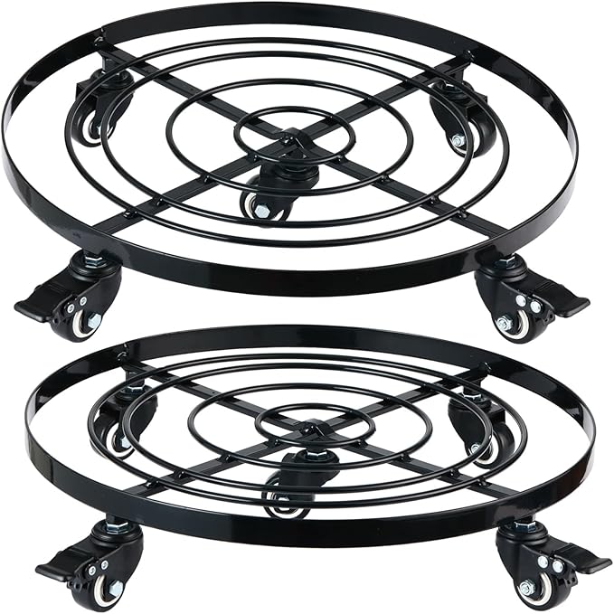 Planterhoma 2 Packs Extra-large 16 Inch Metal Plant Caddy Plant Dolly with Wheels Heavy-Duty Wrought Iron Rolling Plant Stand with Casters for Indoor and Outdoor Plant Pot Rollers Black