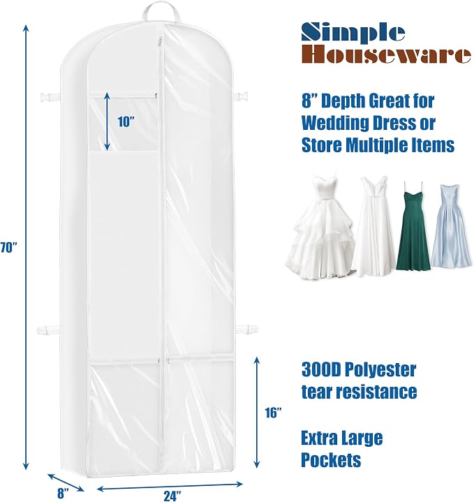 Simple Houseware 70" Long, 8" Depth Wedding Dress Garment Bag with Pockets