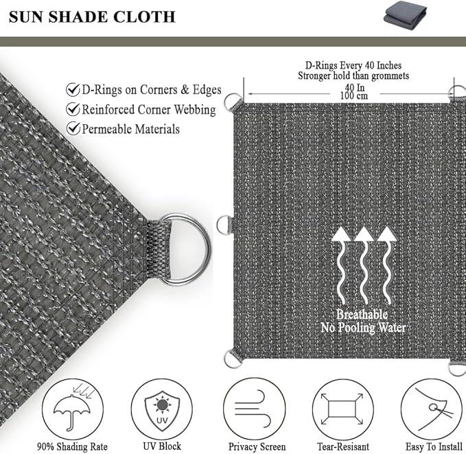 Sun Shade Cloth 12x12 FT, UV Block Outdoor Patio Shade Cover, Permeable and Tear Fade Resistant Rectangle Sunshade Fabric for Backyard, Porch, Pergola, Yard, Deck, Garden, Gray