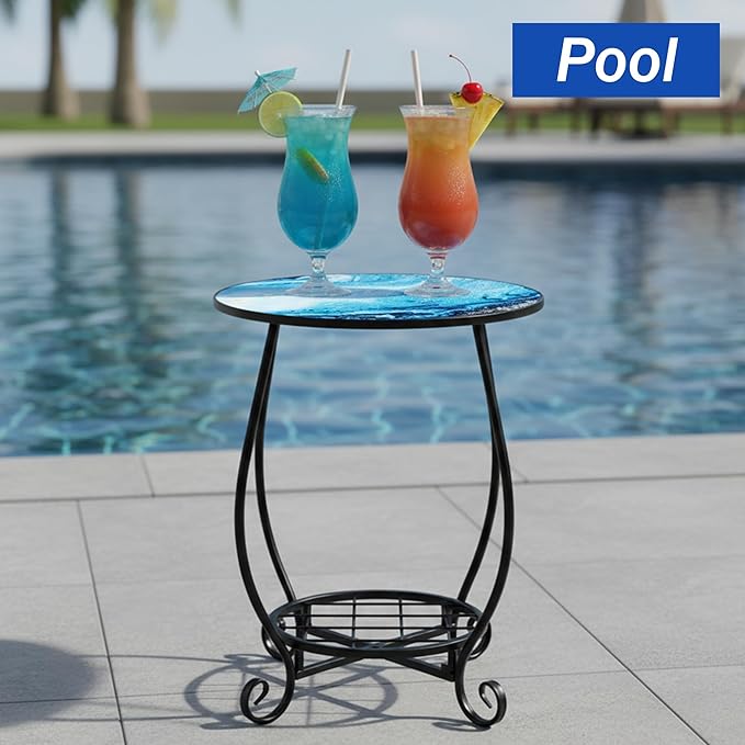 Outdoor Side Table - Double Layer Round Marble Pattern Patio Accent, 14 Inch Coffee Tea Metal Outside End Table for Yard Patio Porch Balcony Garden Indoor Living Room Bedroom Decor