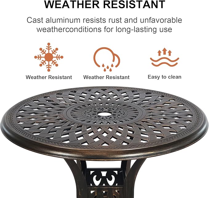 30.31" Cast Aluminum Outdoor Dining Table, Patio Bistro Table with 2.36" Umbrella Hole, Metal Conversation Furniture for Garden Porch