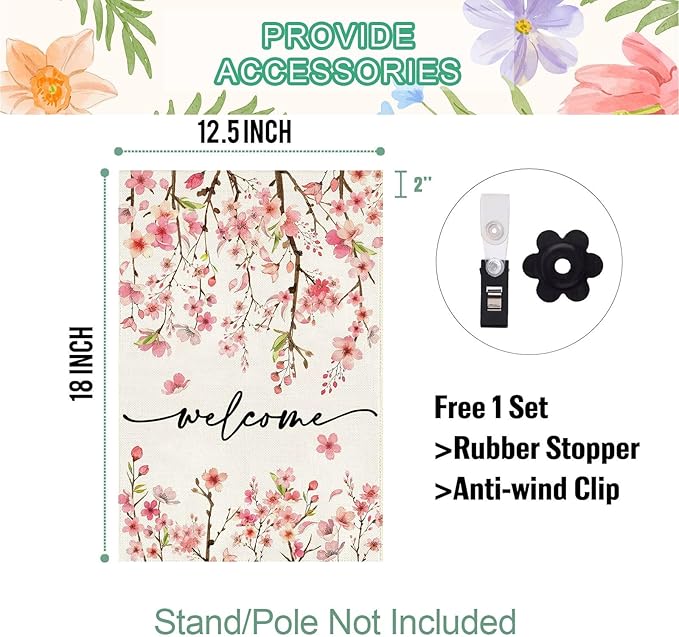 Baccessor Spring Summer Welcome Garden Flag 12.5 x 18 Inch Double Sided Burlap Pink Floral Cherry Blossom Farmhouse Small Yard Flag Summer Holiday Seasonal Outdoor Outside Decoration