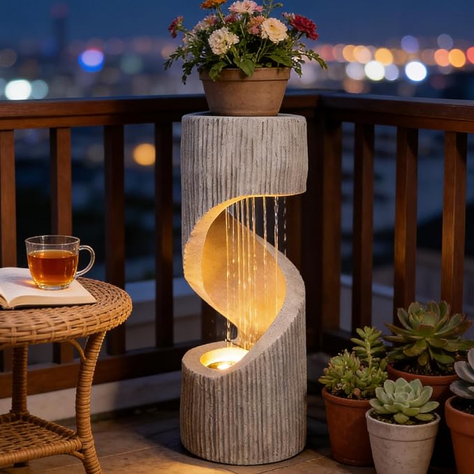 Modern S-Shaped Outdoor Fountain with LED Light, 40” Tall Spiral Column Waterfall Feature with Flat Top for Plant Display, Decorative Water Fountain for Garden, Patio