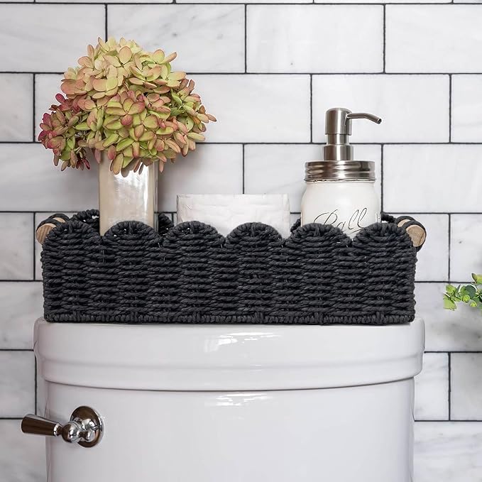 CubesLand Scalloped Toilet Paper Storage Basket for Over Toilet Shelves | Decorative Wicker Organizer Basket Perfect for Home Countertop Storage, Small Basket, Living Room Shelf Decor, Set 2 Black