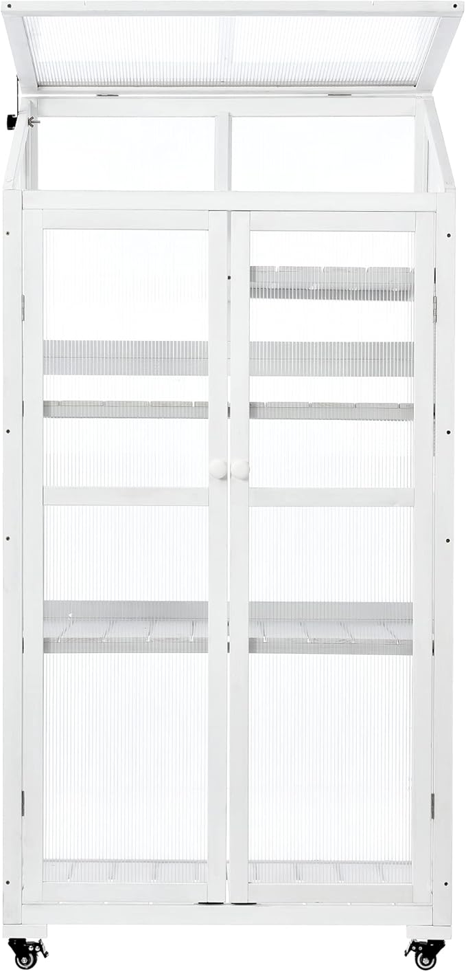 62inch Height Wood Large Greenhouse Balcony Portable Cold Frame with Wheels and Adjustable Shelves for Outdoor Indoor Use (White-023, 1)