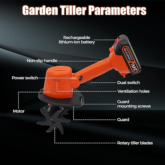 21V Cordless Tiller Cultivator, 235RPM Electric Garden Tiller with 1.5Ah Battery & Charger, 3.94-Inch Tilling Width & Depth Handheld Cultivator for Soil Loosening, Weeding, and Home Gardening
