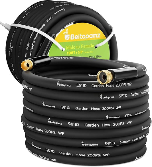 Beitopamz 150 ft Garden Hose, 5/8 in Heavy Duty Water Hose, Flexible and Durable, Lightweight Rubber Hybrid Hose, Leak-Free Connections, Male to Female 3/4'' Brass Fittings for Patio, Lawn, Black