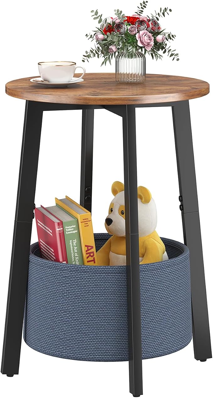 sthmec Small Round Side End Table with Storage Basket, Round Bedside Sofa Couch Coffee Tables for Small Places with Metal Frame, Modern Nighstands for Living Room Bedroom, Rustic Brown