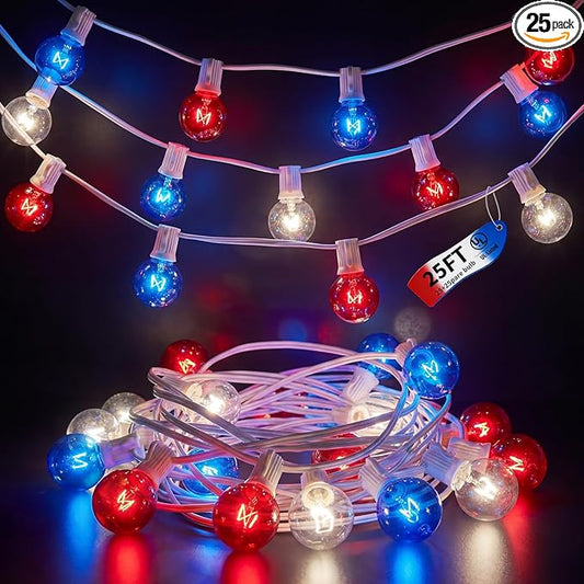 4th of July String Lights 25FT, 27 Incandescent G40 Red White Blue Bulbs (2 Spare), Waterproof Connectable Outdoor Patio Lights for Party Garden Decor