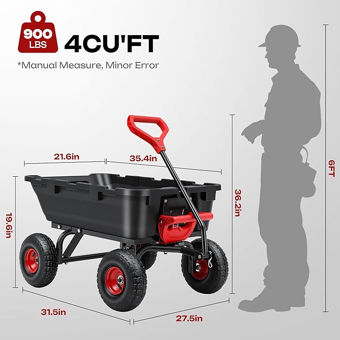 Autodaya 900LB Garden Dump Cart, 2026 Upgraded Heavy Duty Wheelbarrow Cart with 10" Non-Slip Pneumatic Tires & Quick-Release System, 4-Wheel Steel Frame Wagon for Transportation in Yard, Farm, Garden