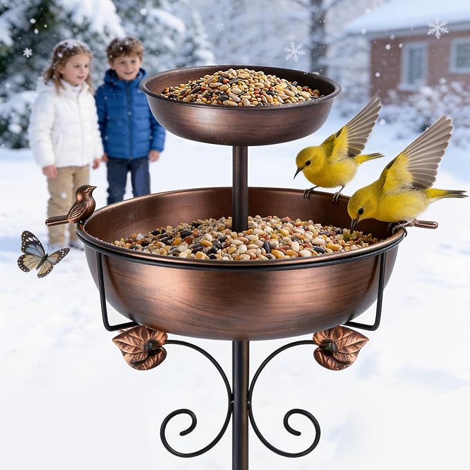 1.5 Gallon Lower Basin, 2 Tier Metal Bird Bath for Outside, 46.65 Inch Vintage Freestanding Bird Bath with Upgraded 5-Pronged Base, 2 in 1 Bird Bathing & Bird Feeding, Garden Patio Yard Lawn Decor