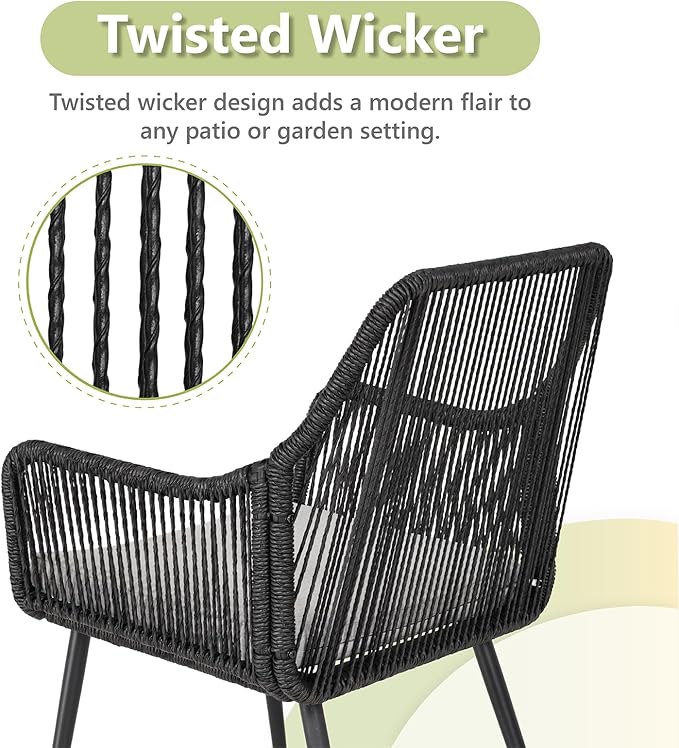 Patio Dining Chairs Outdoor Dining Chairs with Armrest and Cushion Set of 4, All-Weather Woven Twisted Wicker Rattan Chair, Modern Indoor Outdoor Seating for Garden, Lawn, Backyard, Black