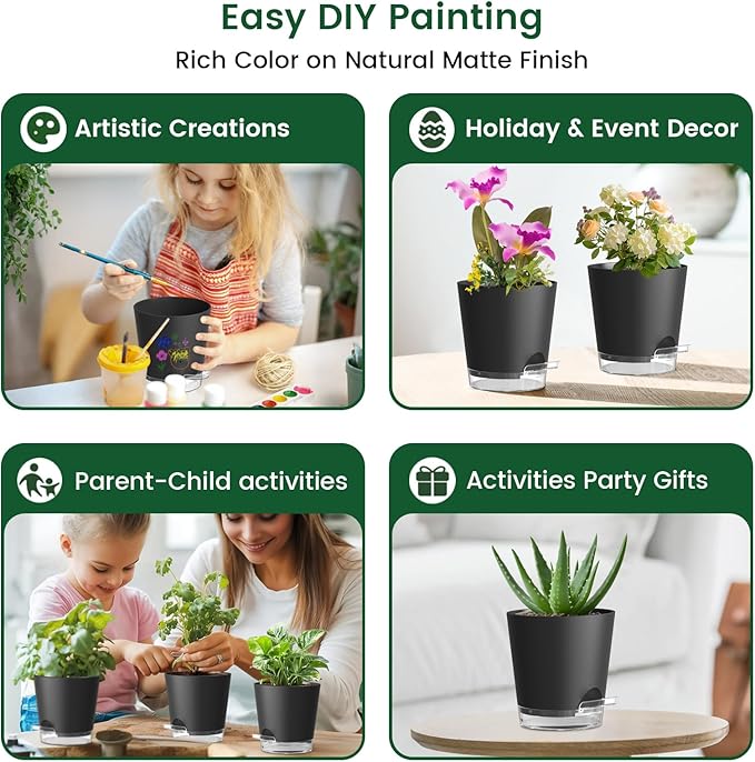 Meowell Self Watering Pots Pack of 6 – Different Size 4" to 7" Indoor Plant Pots with Drainage Holes and Clear Reservoir for Visible Water Level, Plastic Wicking Planters for House Plants, Black
