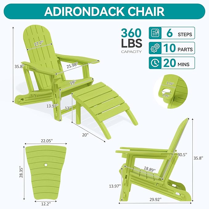 Vongrasig Adirondack Chairs Set of 2 with Removable Tabletop and Footrest, HDPE Plastic Outdoor Chair Set with Wooden Textured, Cup Holder for Patio, Poolside, Garden, Green, 5 Pieces