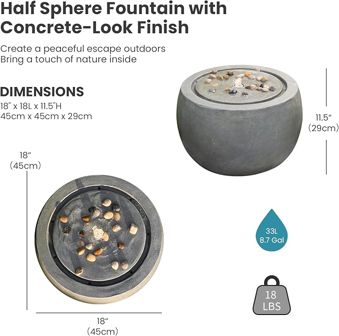 Tankana Garden Water Fountain Outdoor Bubbler Water Feature Indoor with Lights & Pump and Pebbles Waterfall Fountains Concrete Effect for Patio Deck Yard Home Decor Gray, 18 "L x 18" W x 11.5" H