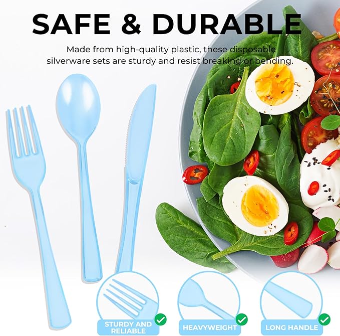 150 PCS Plastic Silverware Disposable Silverware Heavy Duty Utensil Sets 50 Of Each Forks Knives & Spoons Disposable Cutlery Set For Easter,Birthday,Baby Shower,Garden Party,Wedding(150,Light Blue)