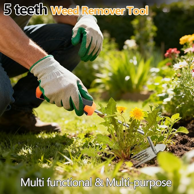 Weed Puller Tool，2026 New Garden Weeder Tool Stainless Steel Hand Weeder Tool,5 Teethes Dual Purpose Weed Remover Tool Weeding Tools for Gardening (Rubber Handle)