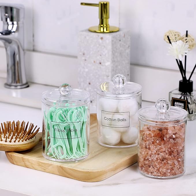 3 Pack Acrylic Qtip Holder Dispenser for Cotton Swabs, Balls, Floss Picks | Thick, Highly Clear, w/ Labels - Small Canister Apothecary Jar Set, Bathroom Decor Essentials, Shelf Vanity Storage Organizer