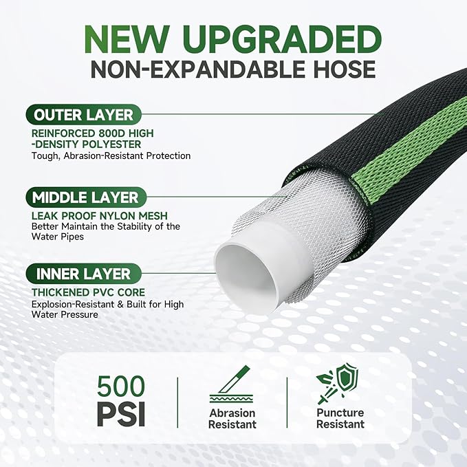 Garden Hose 100 ft Flexible Water Hoses Non-Expanding Lightweight Portable No Kink High Pressure Flat Fabric 3/4” fittings Leak-proof Durable Pipe for Outdoor Outside Yard Lawn Patio Watering