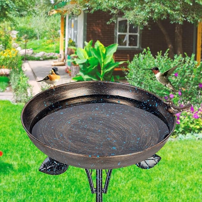 DREAMSOUL 12" Dia Bird Bath Antique Metal Bird Bath for Outside, Pedestal Birdbath with 4 Prongs Stake for Garden Yard Patio Decor