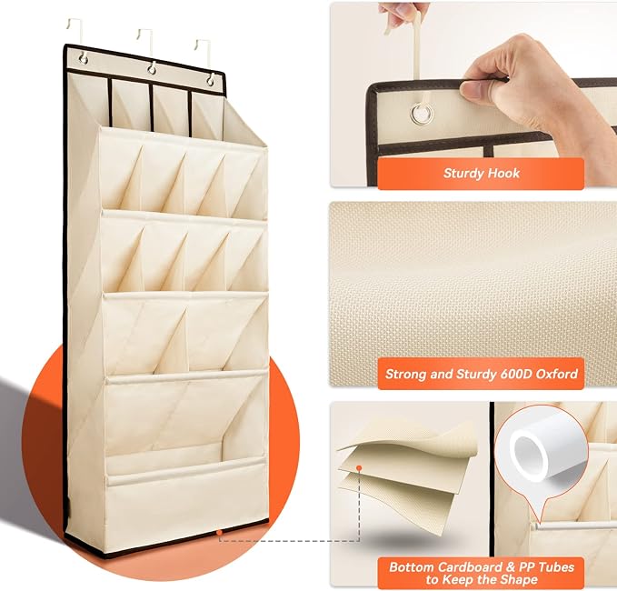 1 Pack Over the Door Shoe Organizers, Hanging Organizers with Large Pockets | with Large Deep Pocket Shoe Holder for Closet Shoes Rack for Wall, Over Door Shoe Storage Hold up to 18 Pairs Shoes, Beige