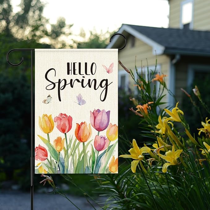 Hello Spring Flags for Outside,Tulip Garden Flag for Yard Patio Lawn Decoration,12x18 Inch Double Sided
