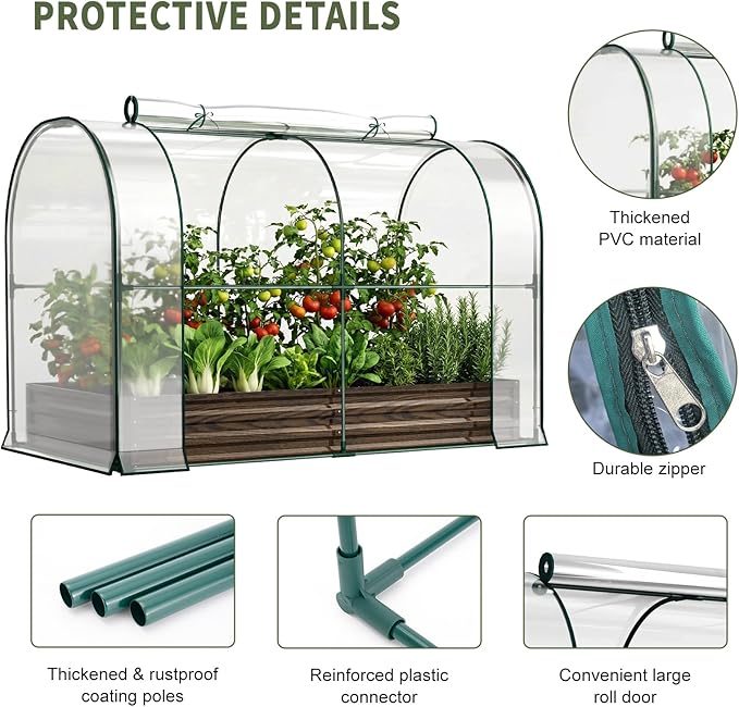 SUNYRISY Galvanized Raised Garden Bed with Greenhouse, Outdoor Metal Planter Box with Plant Bed Cover, Garden Box Protection for Gardening Vegetables Flowers Herbs Planting, Wood Grain