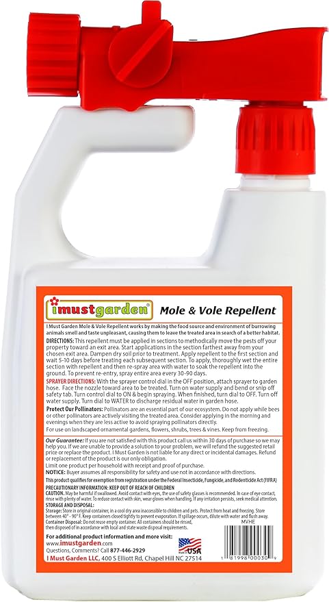 I Must Garden Mole & Vole Repellent Hose End Concentrate: Professional Strength – Twice The Coverage – All Natural Ingredients – 32oz