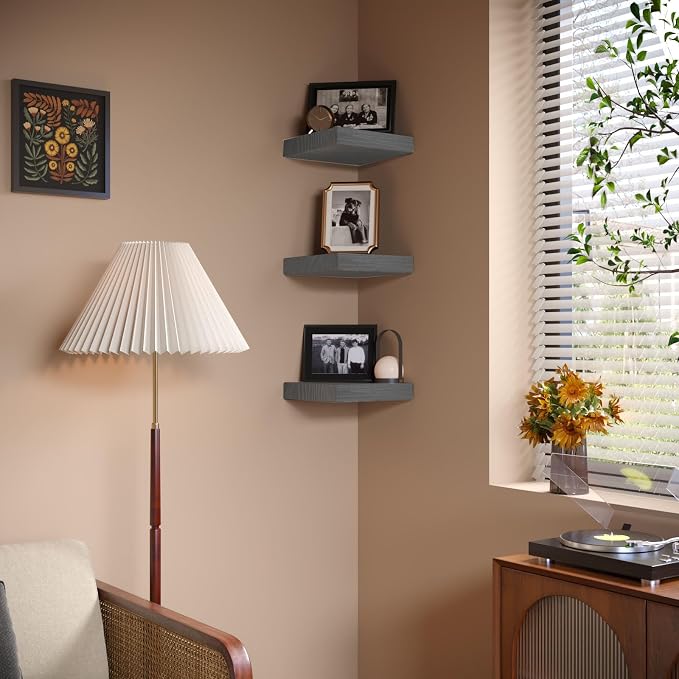 PopiShelves Small Floating Shelves for Wall - 9 Inch Mini Square Grey Shelves for Bedroom, Living Room, Bathroom, Kitchen, Office Decor Set of 3