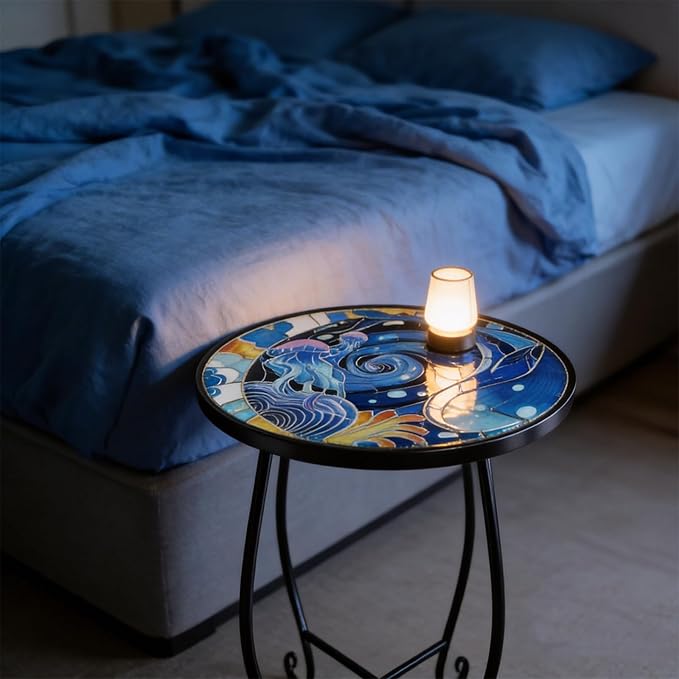 15 Inch Jellyfish Mosaic Side Tables (Set of 2) - Small Outdoor Round Folding Tables with Weather-Resistant Metal Frame, Coastal Accent End Table for Patio, Balcony, Garden