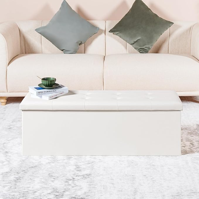 PINPLUS Folding Storage Ottoman Bench with Tray, Beige Faux Leather | Ottoman Storage Chest with Removable Tray, Footrest and Coffee Table Use for Living Room, Bedroom and Entryway