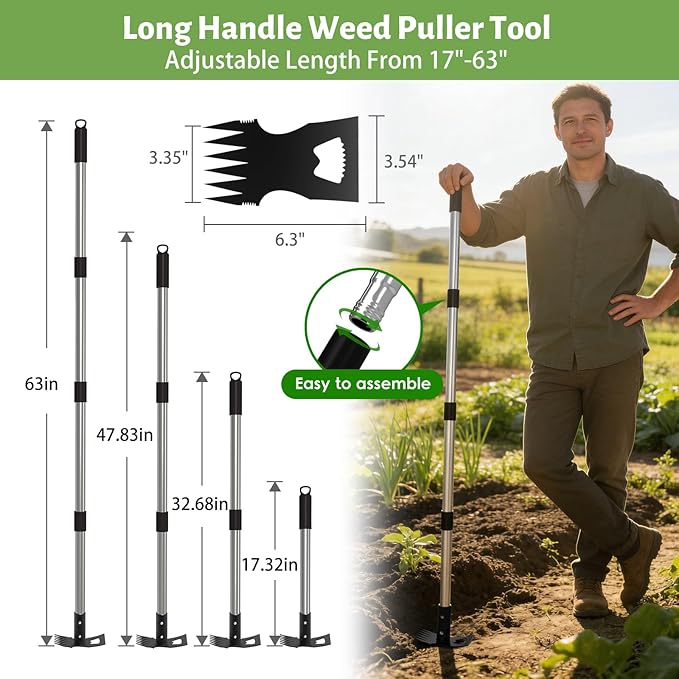 Weed Puller Tool with Long Handle, Stand Up Weeder with 63" Telescoping Handle, 2-in-1 Manual Weeder Remover & Garden Hoe, 6 Sharp Tines for Crack Weeding and Root Removal