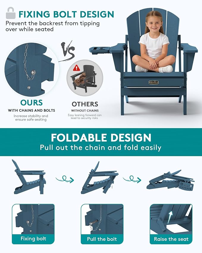 SERWALL Folding Adirondack Chair, Patio Adirondack Chairs with 4 in 1 Cup Holder, Weather Resistant Patio Chair, Plastic Fire Pit Chair for Outdoor, Garden, Backyard, Deck - Blue