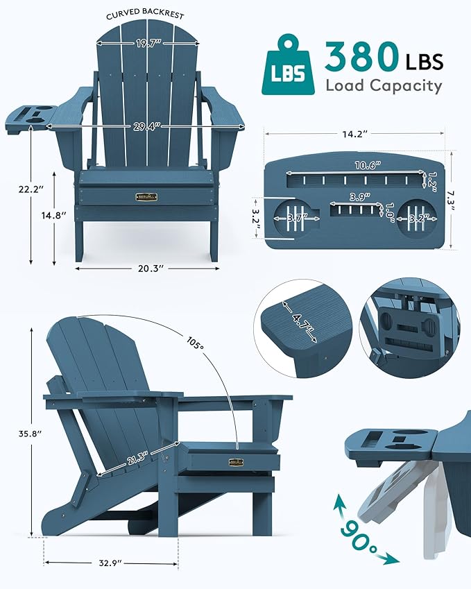 SERWALL Folding Adirondack Chair, Patio Adirondack Chairs with 4 in 1 Cup Holder, Weather Resistant Patio Chair, Plastic Fire Pit Chair for Outdoor, Garden, Backyard, Deck - Blue