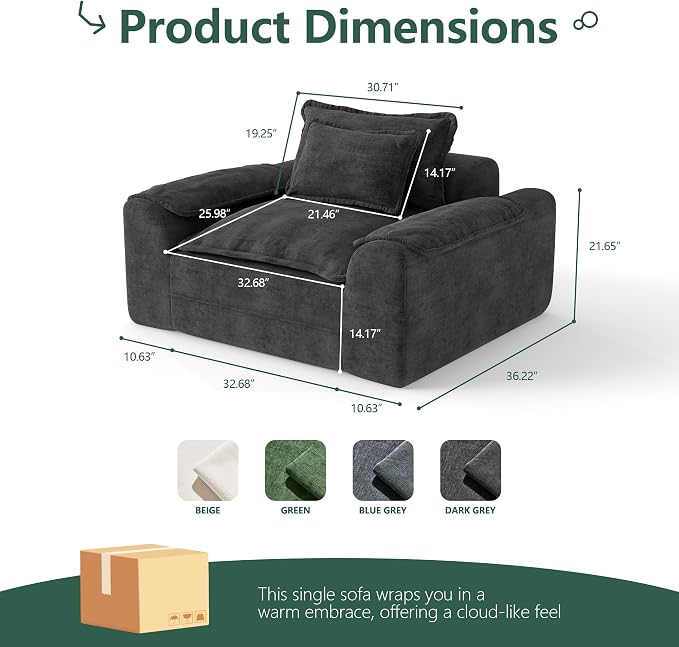 Hobestluk Oversized Cloud Single Sofa, Deep Seat, Memory Foam, Dark Grey