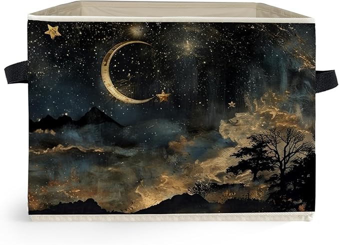Mystical Crescent Moon Star Celestial Storage Box Bins, Moody Starry Night Sky Collapsible Storage Basket Organizer for Bedroom Laundry Room Home Clothes Books, Decor for Room