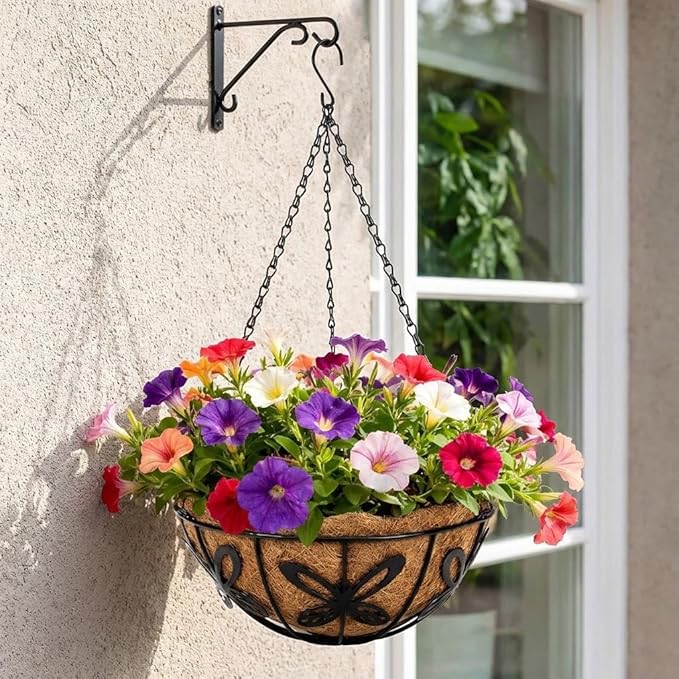 2 Pack Hanging Baskets for Plants Outdoor 12 Inch Butterfly Metal Hanging Planters with Coco Coir Liner, Round Hanging Flower Basket for Home Garden Patio Balcony Porch