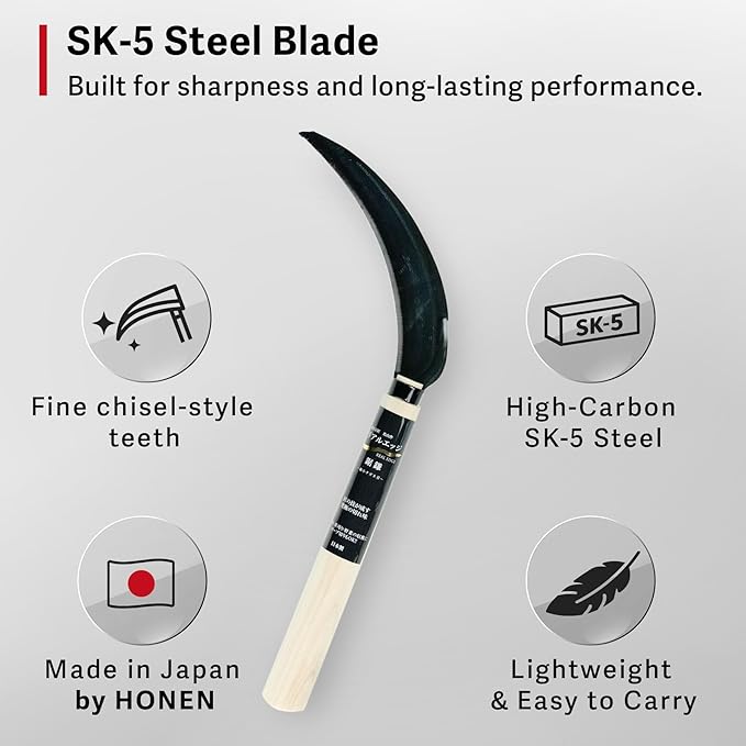 Japanese Harvest Sickle, Saw Sickle Hand Tool for Vegetable Harvesting, Rope Cutting and Field Work, Made in Japan by HONEN