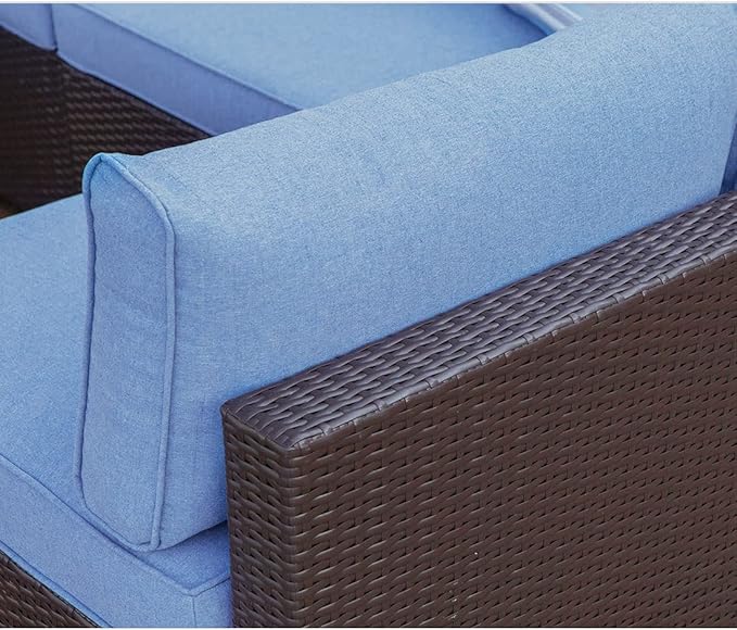 COSIEST 2-Piece Outdoor Furniture Add-on Armless Chairs for Expanding Chocolate Brown Wicker Sectional Sofa Set w Heritage Blue Thick Cushions for Garden, Pool, Backyard