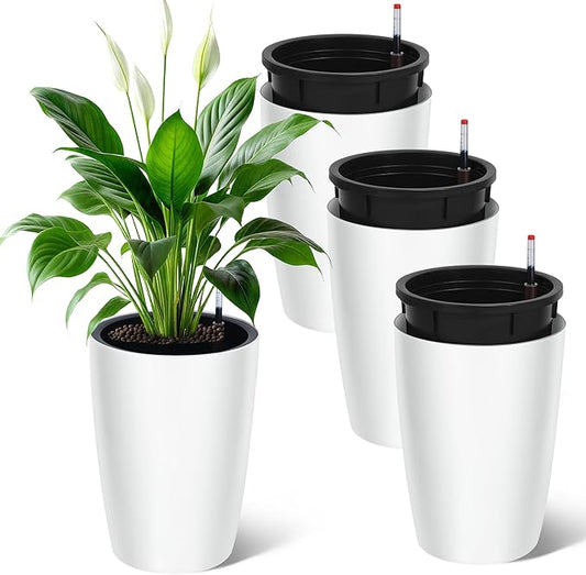 16" Tall Round Planter Set of 4, Self Watering Pots, Large Planter for Indoor Outdoor Plants, Built-in Drainage and a Water Level Monitor, for Patio, Porch, Living Room, or Home Office, White